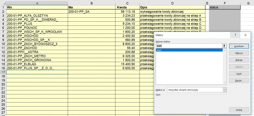 SXJ017 przykładowe pozycje dekretu w arkuszu Excel SXJ017 przykładowe pozycje dekretu w arkuszu Excel