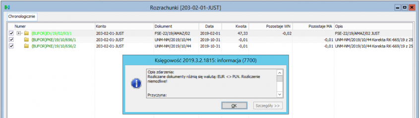 Błąd - Rozliczane dokumenty różnią się walutą Błąd - Rozliczane dokumenty różnią się walutą