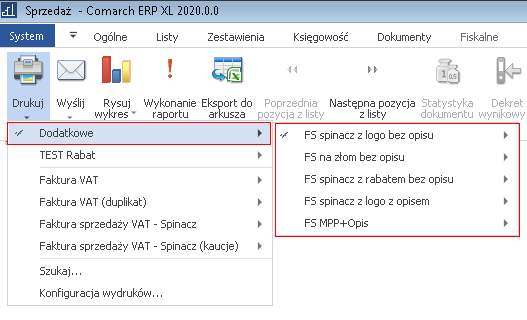 Typowy sposób wyświetlania listy niestandardowych wydruków na fakturze sprzedaży
