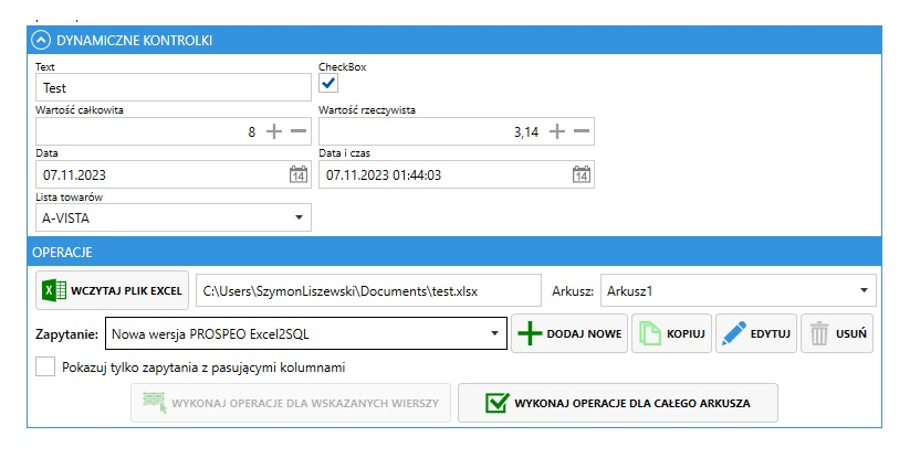 migrator excel podgląd dynamicznych kontrolek